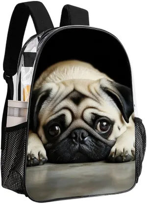 Supdreamc Men Women Lightweight Cute Pug Daypack Bookbag Big Capacity Carry On Bag Transparent Bag for Camping Travel Bicycle