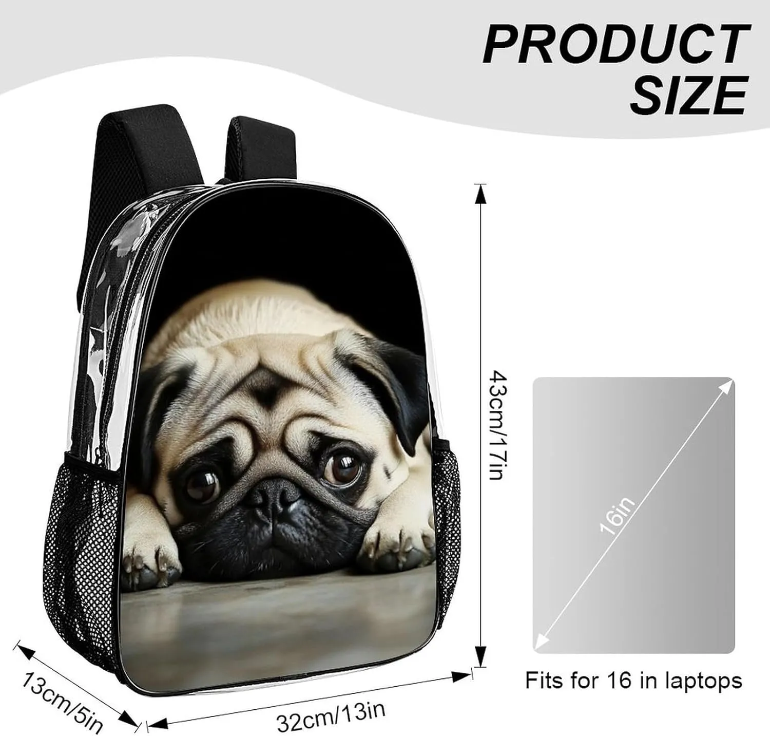 Supdreamc Men Women Lightweight Cute Pug Daypack Bookbag Big Capacity Carry On Bag Transparent Bag for Camping Travel Bicycle