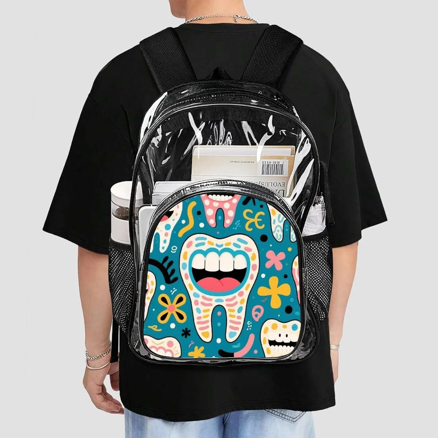 Supdreamc Men Women Transparent Funny Teeth Dental Art Daypack Big Capacity Shoulder Bag With Adjustable Shoulder Straps for Camping Travel Walking Cycling