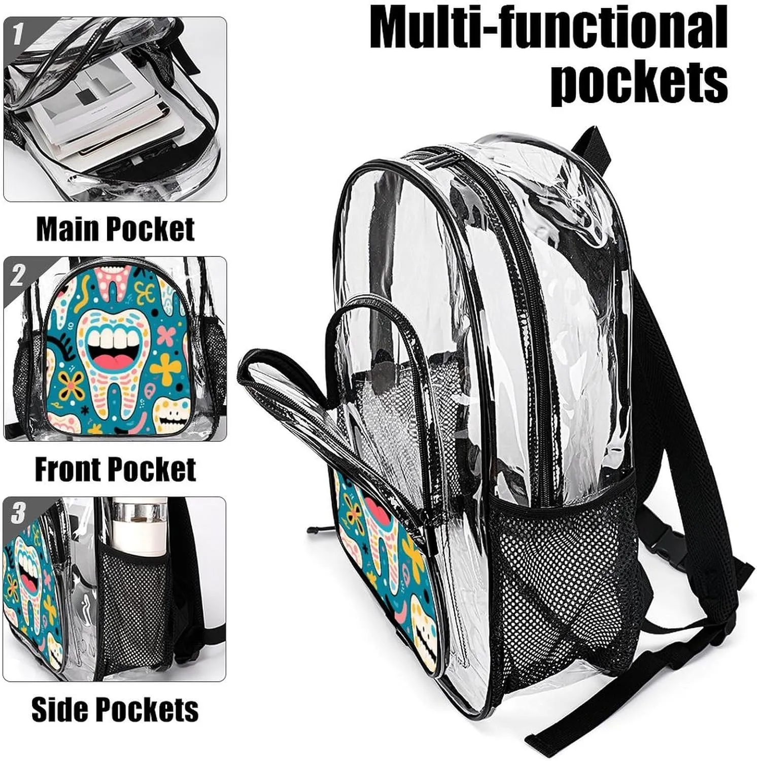 Supdreamc Men Women Transparent Funny Teeth Dental Art Daypack Big Capacity Shoulder Bag With Adjustable Shoulder Straps for Camping Travel Walking Cycling
