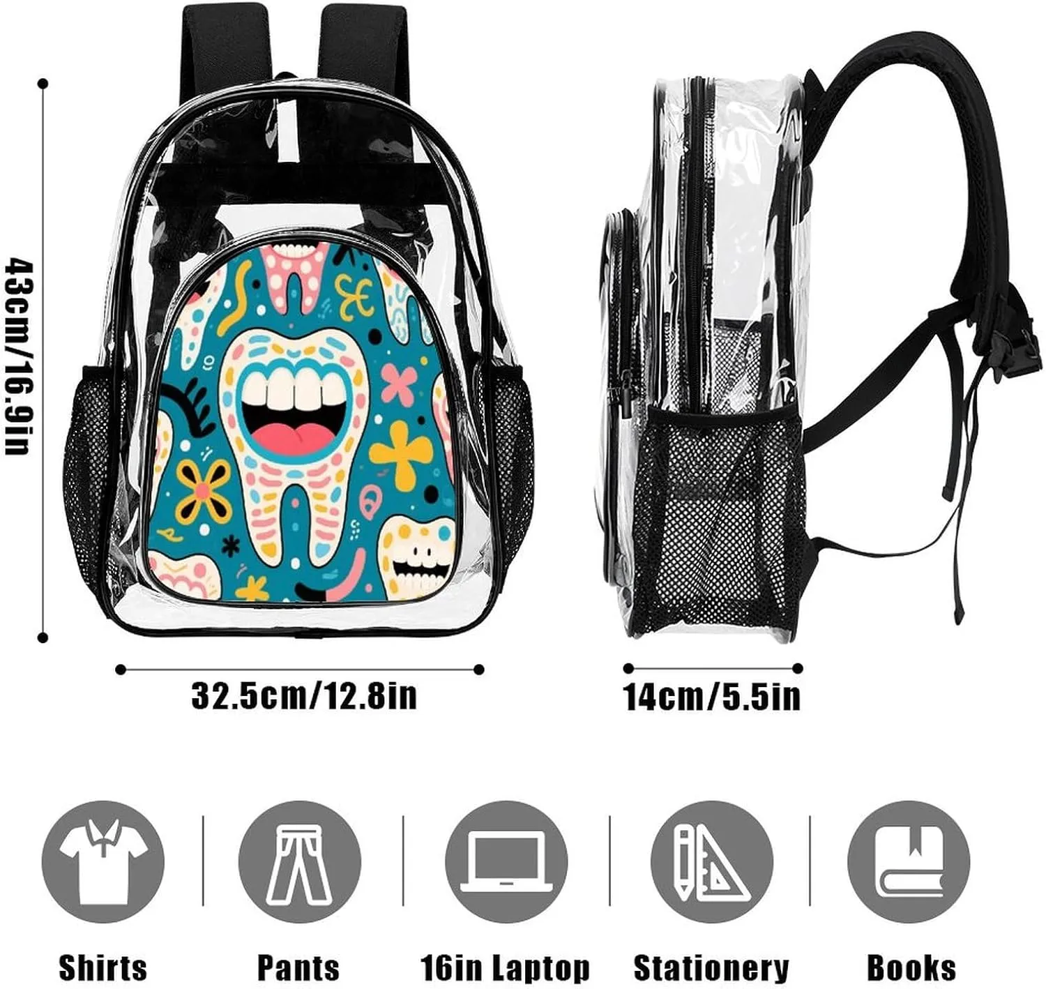 Supdreamc Men Women Transparent Funny Teeth Dental Art Daypack Big Capacity Shoulder Bag With Adjustable Shoulder Straps for Camping Travel Walking Cycling