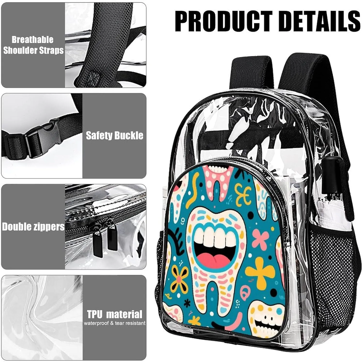 Supdreamc Men Women Transparent Funny Teeth Dental Art Daypack Big Capacity Shoulder Bag With Adjustable Shoulder Straps for Camping Travel Walking Cycling