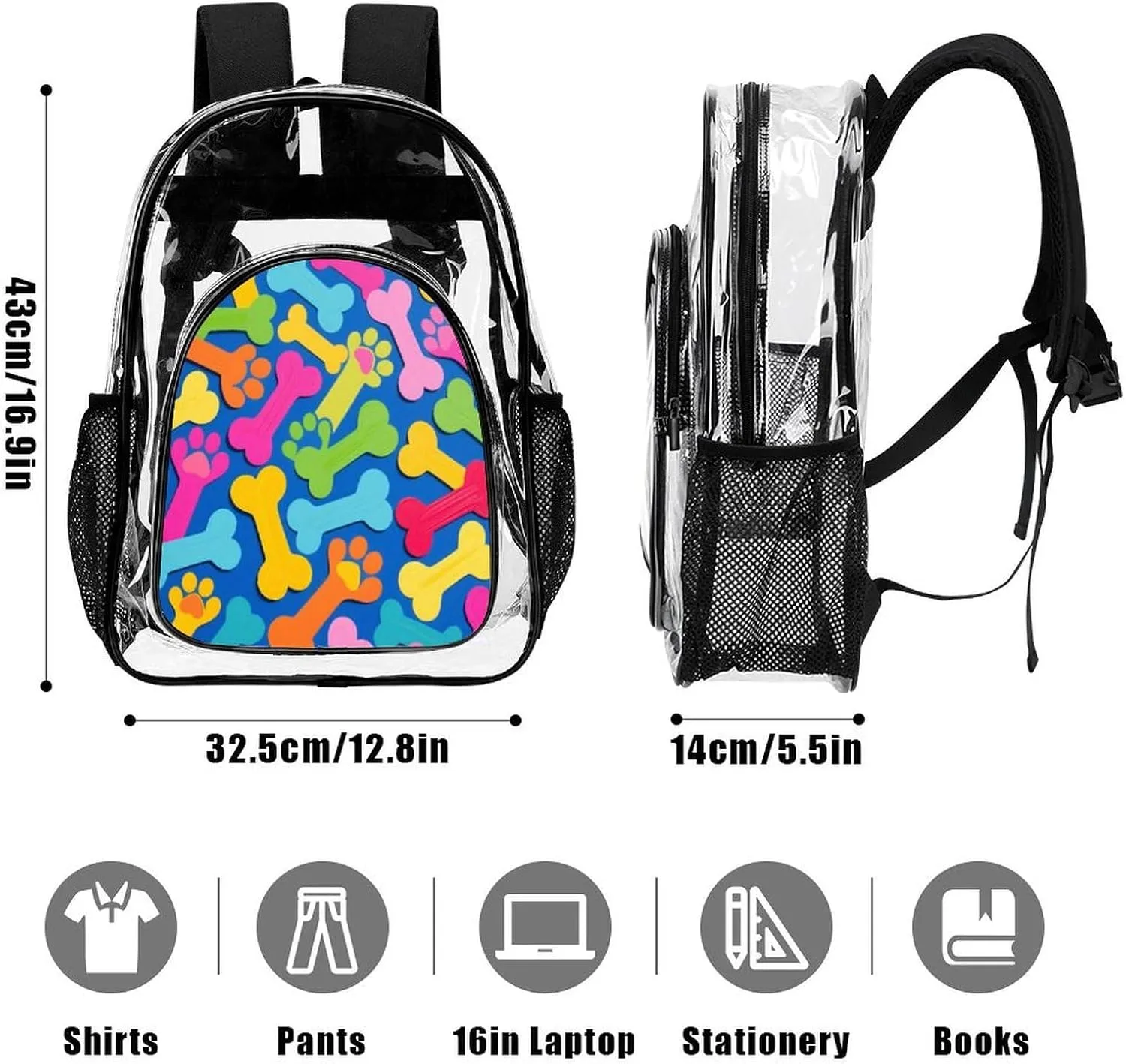 Supdreamc Rucksack Multipurpose Anti-Theft Big Capacity Shoulder Bag - Colorful Dog Bones Paw Prints Travel Hiking & Camping Rucksack Transparent Bag
