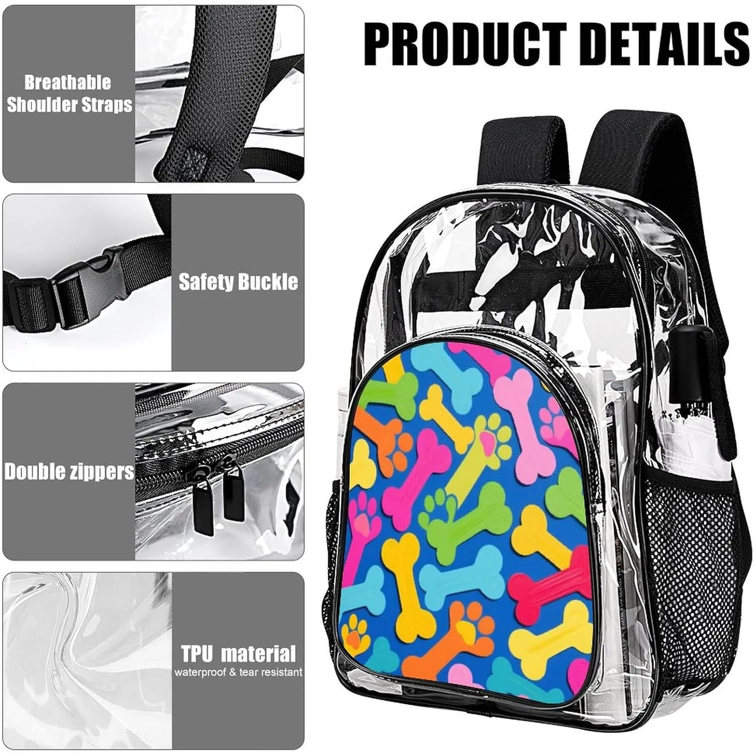 Supdreamc Rucksack Multipurpose Anti-Theft Big Capacity Shoulder Bag - Colorful Dog Bones Paw Prints Travel Hiking & Camping Rucksack Transparent Bag