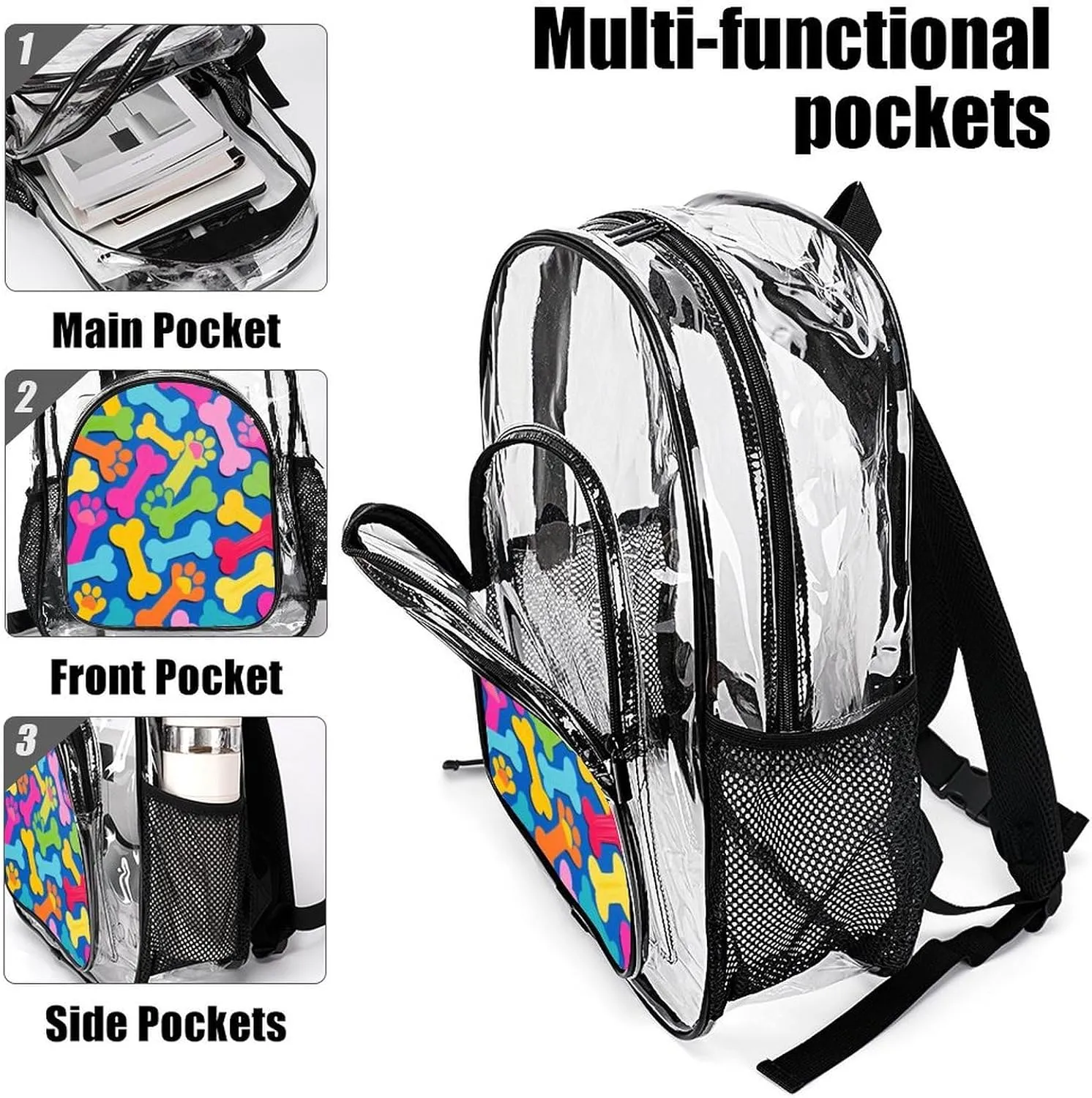 Supdreamc Rucksack Multipurpose Anti-Theft Big Capacity Shoulder Bag - Colorful Dog Bones Paw Prints Travel Hiking & Camping Rucksack Transparent Bag