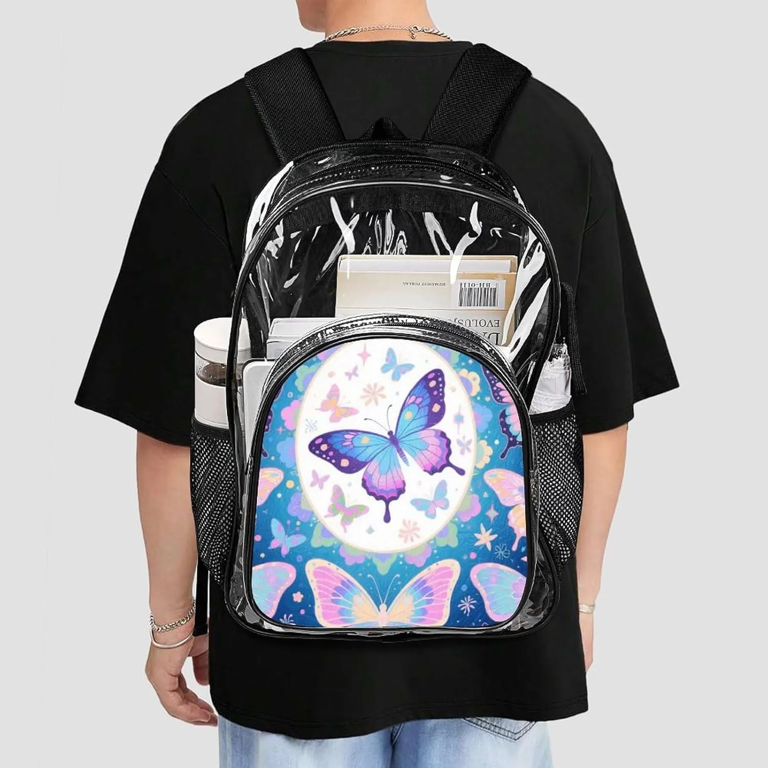 Supdreamc Transparent Daypack Backpack for Sports Travel Running - Big Capacity Anti-Theft Multipurpose Carry On Bag, Beautiful Butterflies Art Laptop Book Bag Rucksack