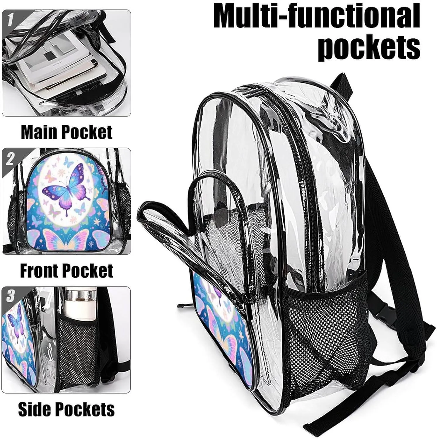 Supdreamc Transparent Daypack Backpack for Sports Travel Running - Big Capacity Anti-Theft Multipurpose Carry On Bag, Beautiful Butterflies Art Laptop Book Bag Rucksack