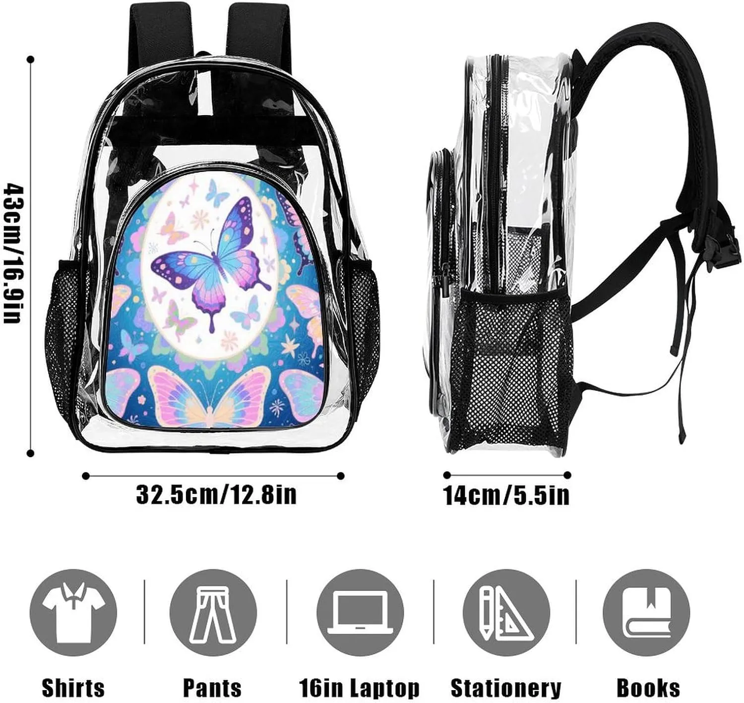 Supdreamc Transparent Daypack Backpack for Sports Travel Running - Big Capacity Anti-Theft Multipurpose Carry On Bag, Beautiful Butterflies Art Laptop Book Bag Rucksack