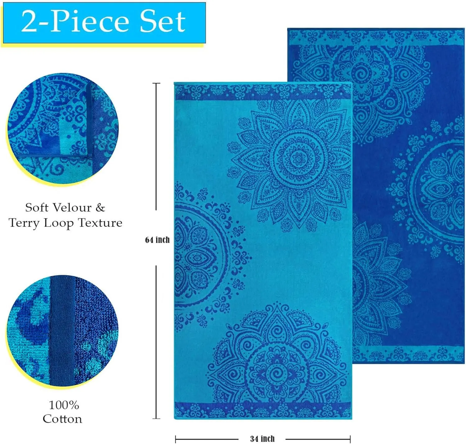 Superior Cotton Beach Towel Set, Absorbent Boho Floral Beach Towels for Swimming, Pool, Camping, Bathroom, Shower, Quick Drying Basics, Adult, Kids, Floral Mandala Collection, 34" x 64", Blue, 2 Piece
