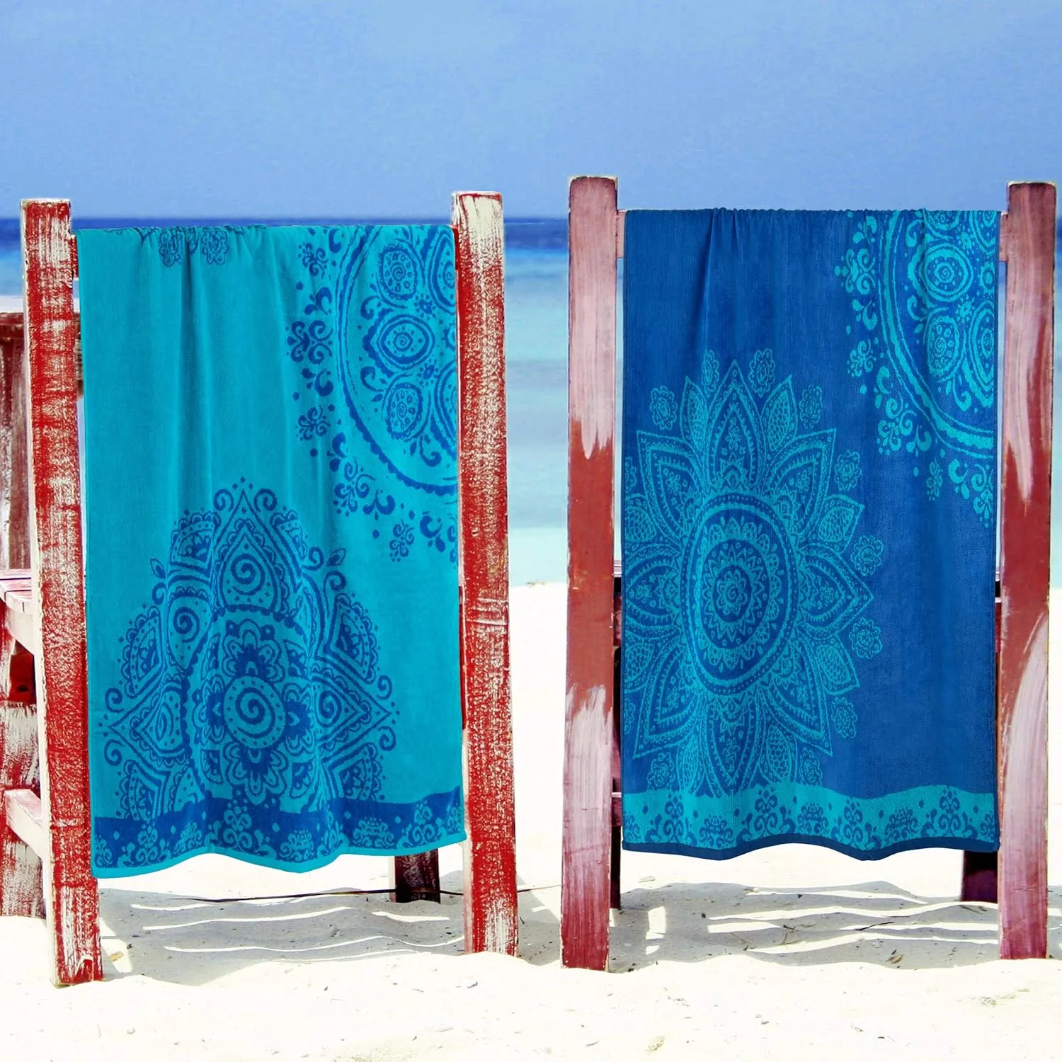 Superior Cotton Beach Towel Set, Absorbent Boho Floral Beach Towels for Swimming, Pool, Camping, Bathroom, Shower, Quick Drying Basics, Adult, Kids, Floral Mandala Collection, 34" x 64", Blue, 2 Piece