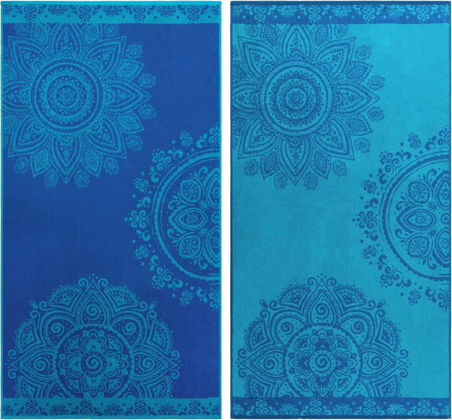 Superior Cotton Beach Towel Set, Absorbent Boho Floral Beach Towels for Swimming, Pool, Camping, Bathroom, Shower, Quick Drying Basics, Adult, Kids, Floral Mandala Collection, 34" x 64", Blue, 2 Piece