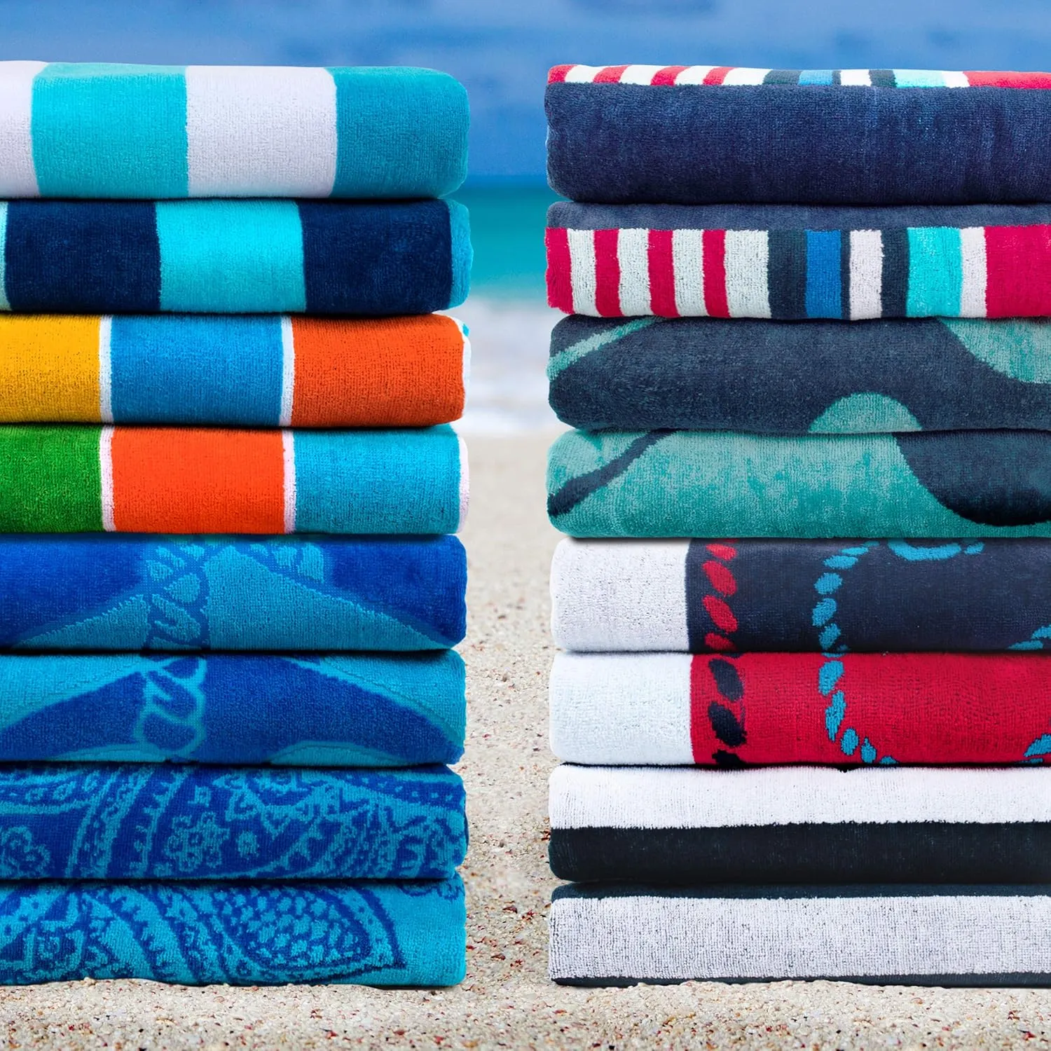Superior Cotton Beach Towel Set, Absorbent Boho Floral Beach Towels for Swimming, Pool, Camping, Bathroom, Shower, Quick Drying Basics, Adult, Kids, Floral Mandala Collection, 34" x 64", Blue, 2 Piece