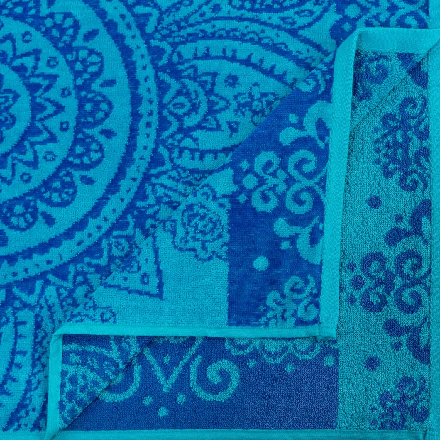 Superior Cotton Beach Towel Set, Absorbent Boho Floral Beach Towels for Swimming, Pool, Camping, Bathroom, Shower, Quick Drying Basics, Adult, Kids, Floral Mandala Collection, 34" x 64", Blue, 2 Piece