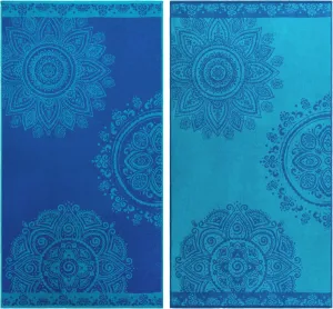Superior Cotton Beach Towel Set, Absorbent Boho Floral Beach Towels for Swimming, Pool, Camping, Bathroom, Shower, Quick Drying Basics, Adult, Kids, Floral Mandala Collection, 34" x 64", Blue, 2 Piece
