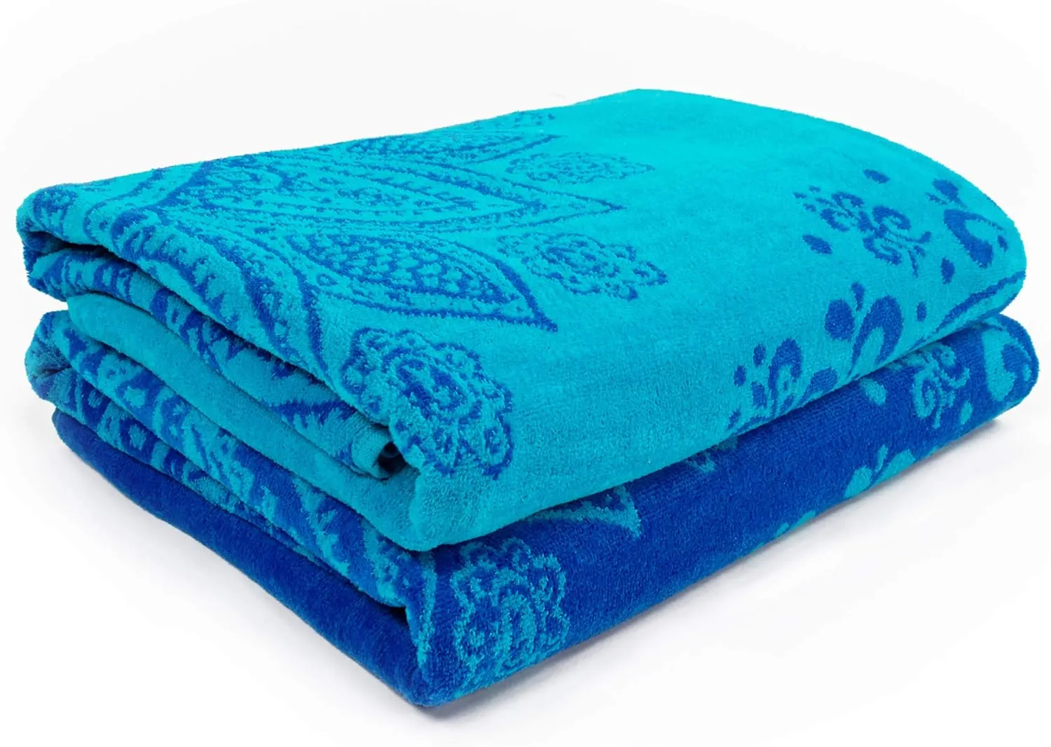 Superior Cotton Beach Towel Set, Absorbent Boho Floral Beach Towels for Swimming, Pool, Camping, Bathroom, Shower, Quick Drying Basics, Adult, Kids, Floral Mandala Collection, 34" x 64", Blue, 2 Piece