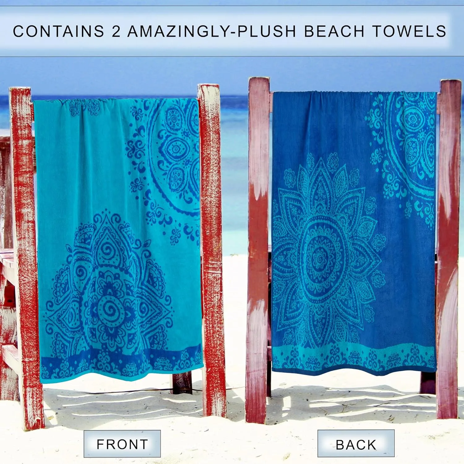 Superior Cotton Beach Towel Set, Absorbent Boho Floral Beach Towels for Swimming, Pool, Camping, Bathroom, Shower, Quick Drying Basics, Adult, Kids, Floral Mandala Collection, 34" x 64", Blue, 2 Piece