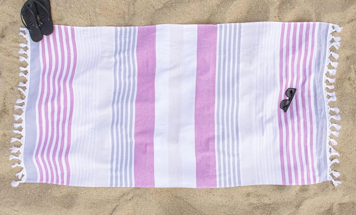 Superior Meera Stripes Oversized Cotton Beach Towel, Bathroom Essential, Quick Drying for Family Camping, Pool, Lounge, Spa, Yoga, Picnic, Surf, Sand, or Travel, with Tassels, Fuschia