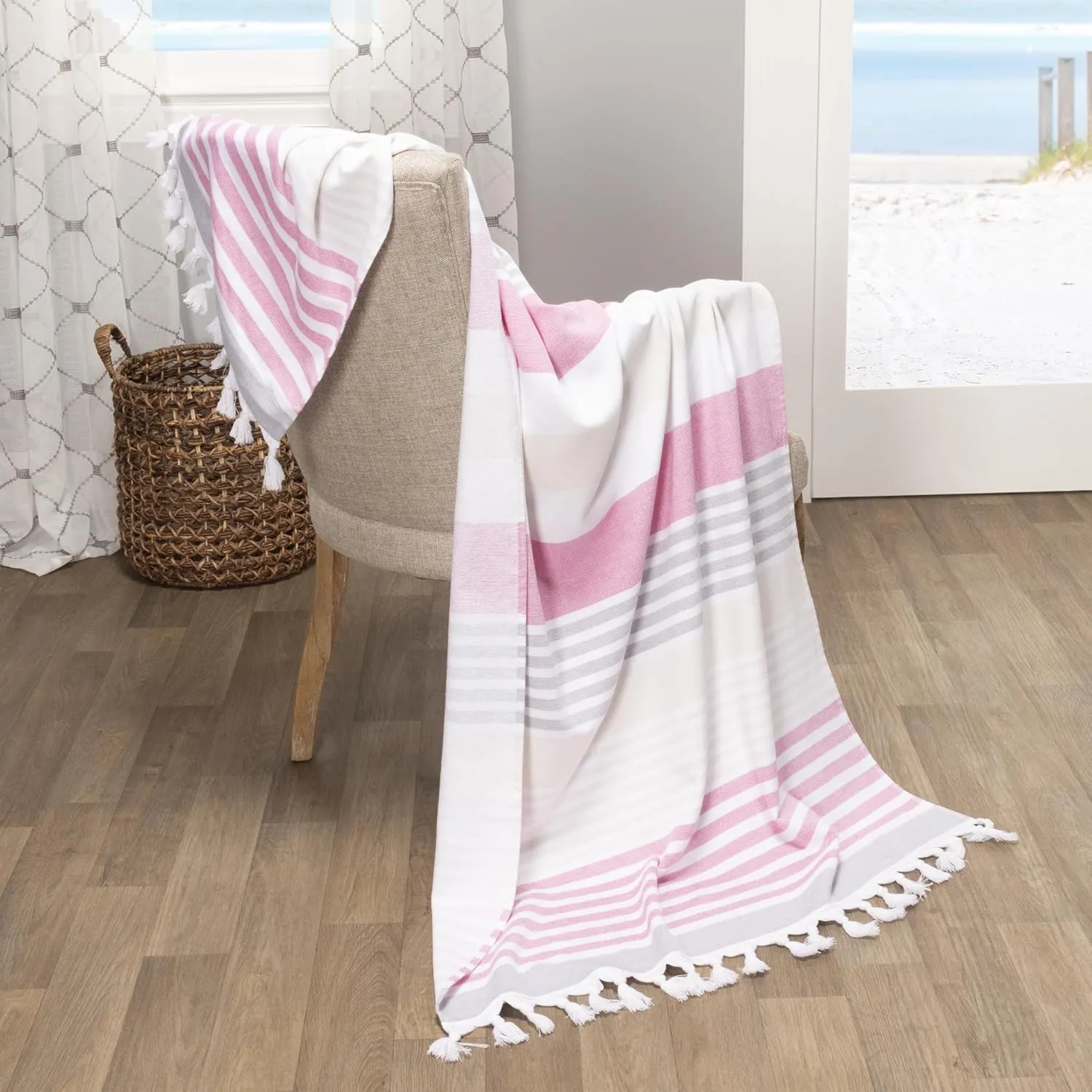 Superior Meera Stripes Oversized Cotton Beach Towel, Bathroom Essential, Quick Drying for Family Camping, Pool, Lounge, Spa, Yoga, Picnic, Surf, Sand, or Travel, with Tassels, Fuschia