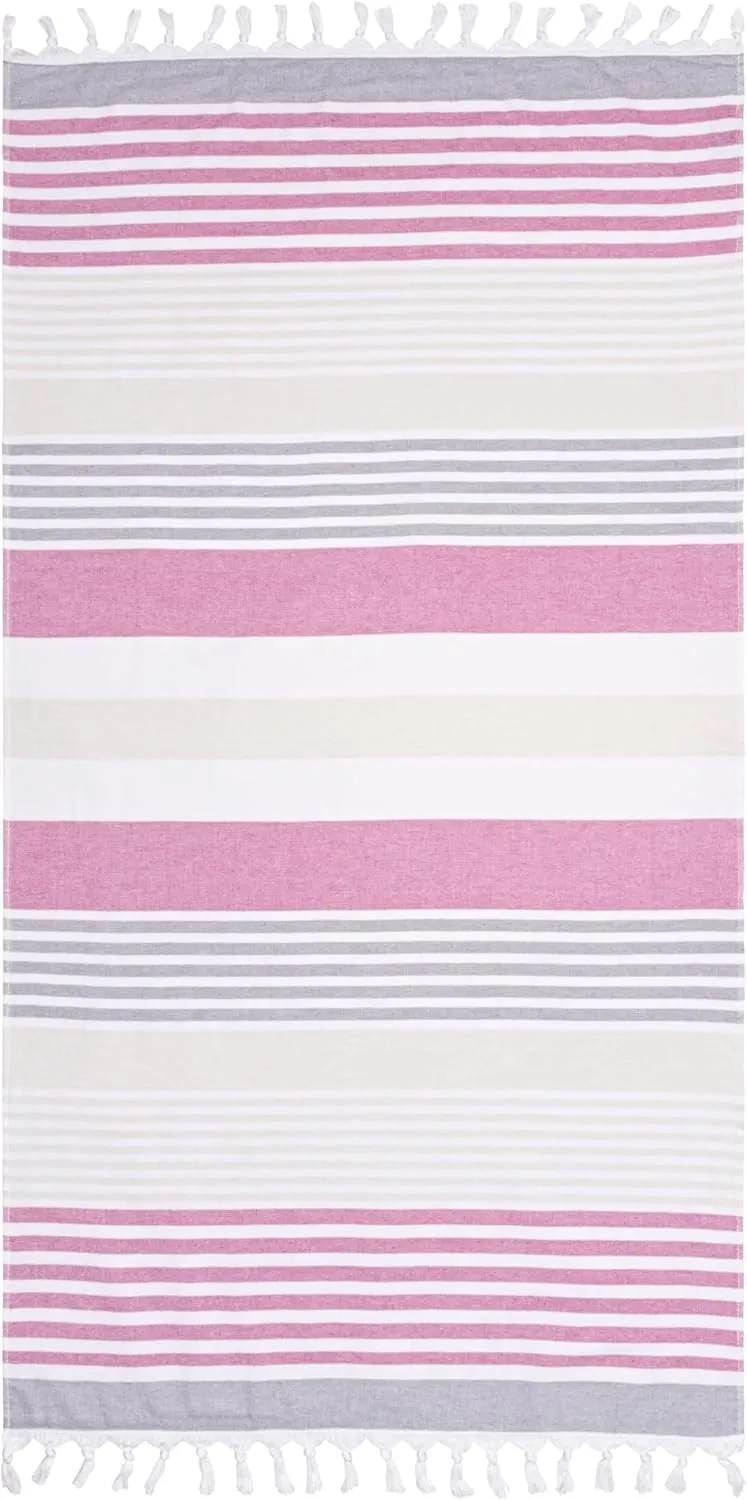 Superior Meera Stripes Oversized Cotton Beach Towel, Bathroom Essential, Quick Drying for Family Camping, Pool, Lounge, Spa, Yoga, Picnic, Surf, Sand, or Travel, with Tassels, Fuschia