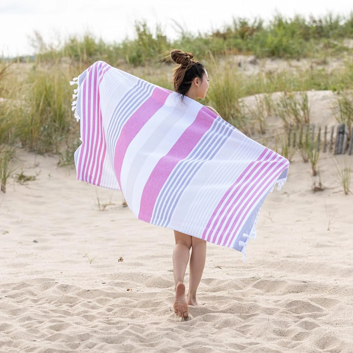 Superior Meera Stripes Oversized Cotton Beach Towel, Bathroom Essential, Quick Drying for Family Camping, Pool, Lounge, Spa, Yoga, Picnic, Surf, Sand, or Travel, with Tassels, Fuschia