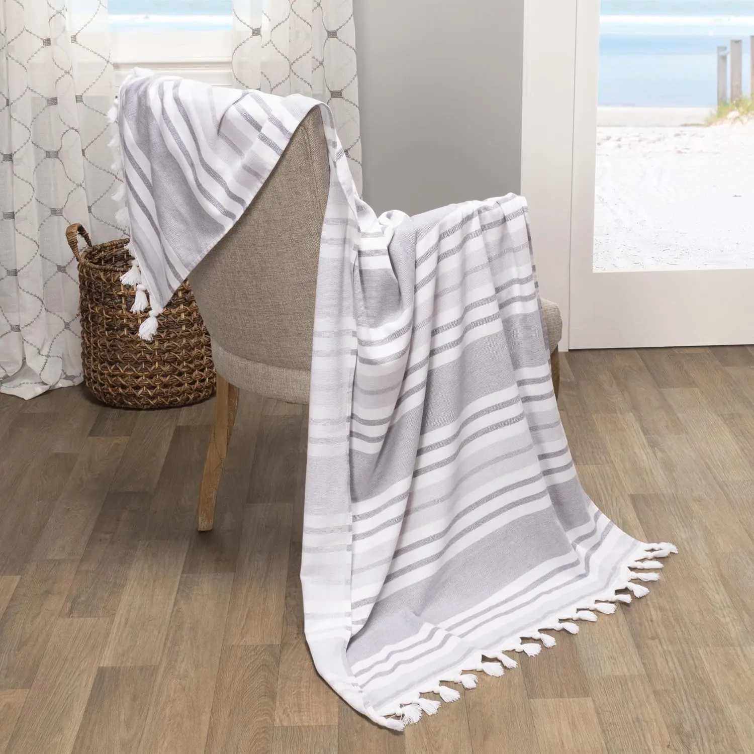 Superior Racer Stripes Oversized Cotton Beach Towel, Bathroom Essential, Quick Drying for Family Camping, Pool, Lounge, Spa, Yoga, Picnic, Surf, Sand, or Travel, with Tassels, Grey