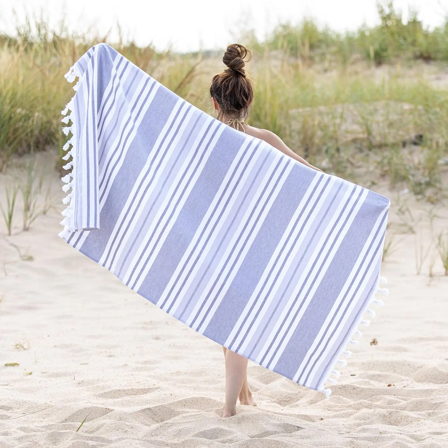 Superior Racer Stripes Oversized Cotton Beach Towel, Bathroom Essential, Quick Drying for Family Camping, Pool, Lounge, Spa, Yoga, Picnic, Surf, Sand, or Travel, with Tassels, Grey
