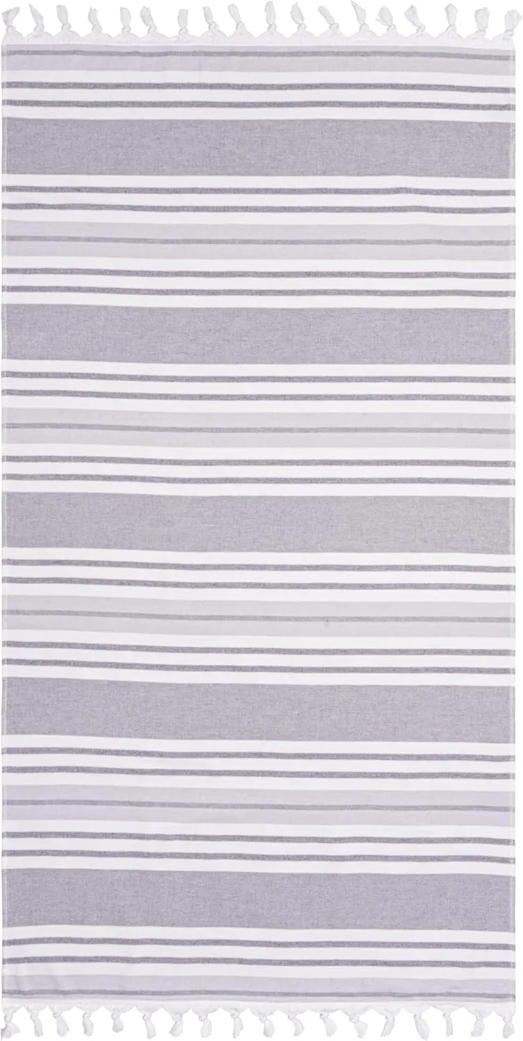 Superior Racer Stripes Oversized Cotton Beach Towel, Bathroom Essential, Quick Drying for Family Camping, Pool, Lounge, Spa, Yoga, Picnic, Surf, Sand, or Travel, with Tassels, Grey
