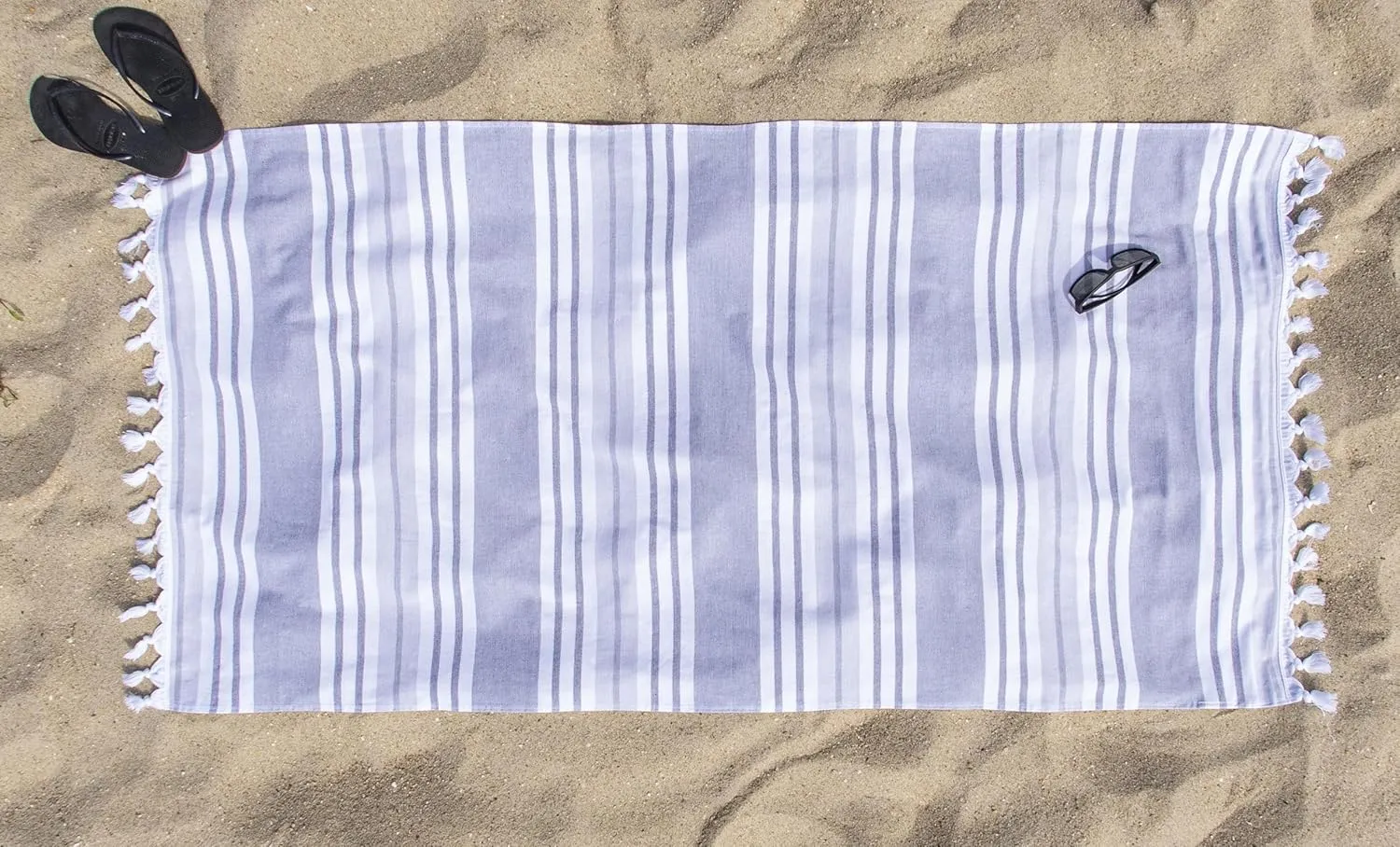 Superior Racer Stripes Oversized Cotton Beach Towel, Bathroom Essential, Quick Drying for Family Camping, Pool, Lounge, Spa, Yoga, Picnic, Surf, Sand, or Travel, with Tassels, Grey