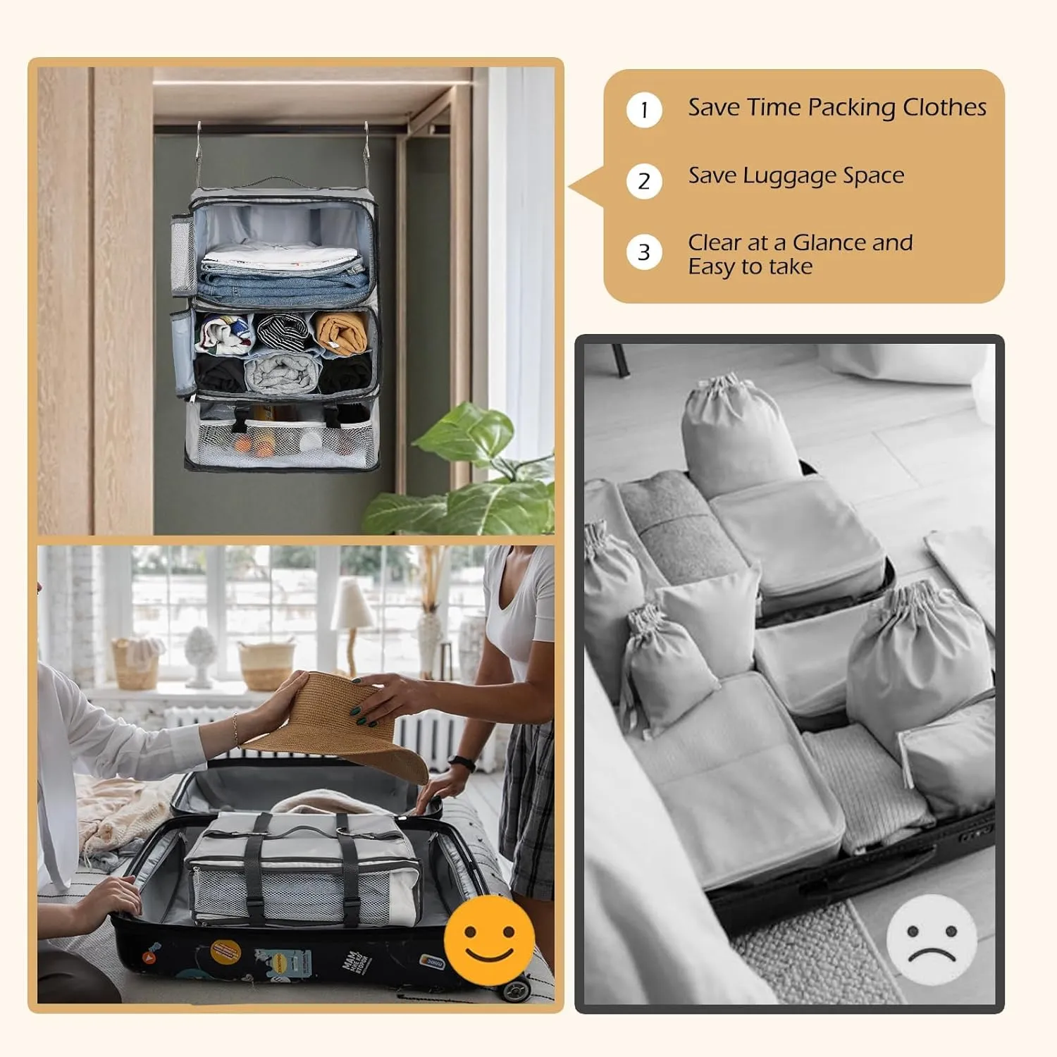 Surblue Hanging Shelves Travel Compression Packing Cube for Carry-on Luggage Suitcase Collapsible Transformable Garment Closet Organizers Large Capacity, Lightgrey, XXL