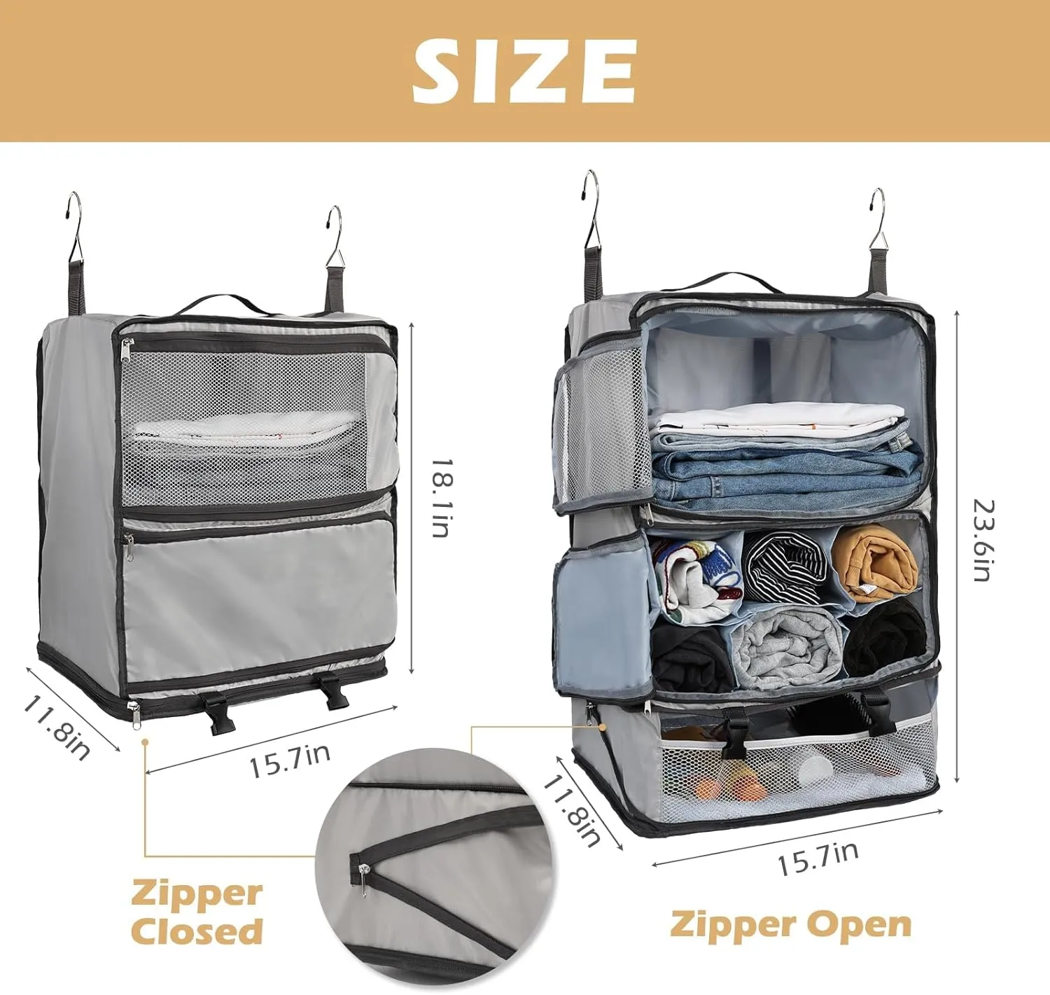 Surblue Hanging Shelves Travel Compression Packing Cube for Carry-on Luggage Suitcase Collapsible Transformable Garment Closet Organizers Large Capacity, Lightgrey, XXL