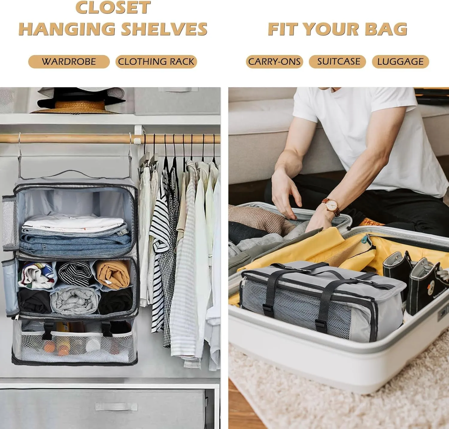 Surblue Hanging Shelves Travel Compression Packing Cube for Carry-on Luggage Suitcase Collapsible Transformable Garment Closet Organizers Large Capacity, Lightgrey, XXL