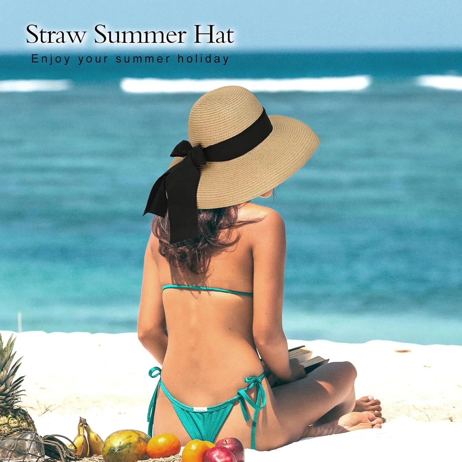 Surblue Straw Summer Hat Women's Floppy Sun Hat Wide Brim Beach Bow Hat