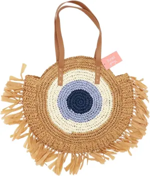 surell Summer Straw Tote Bag with Eye - Natural Handwoven Beach Vacation Handbag with Fringe - Lightweight Gift for Women