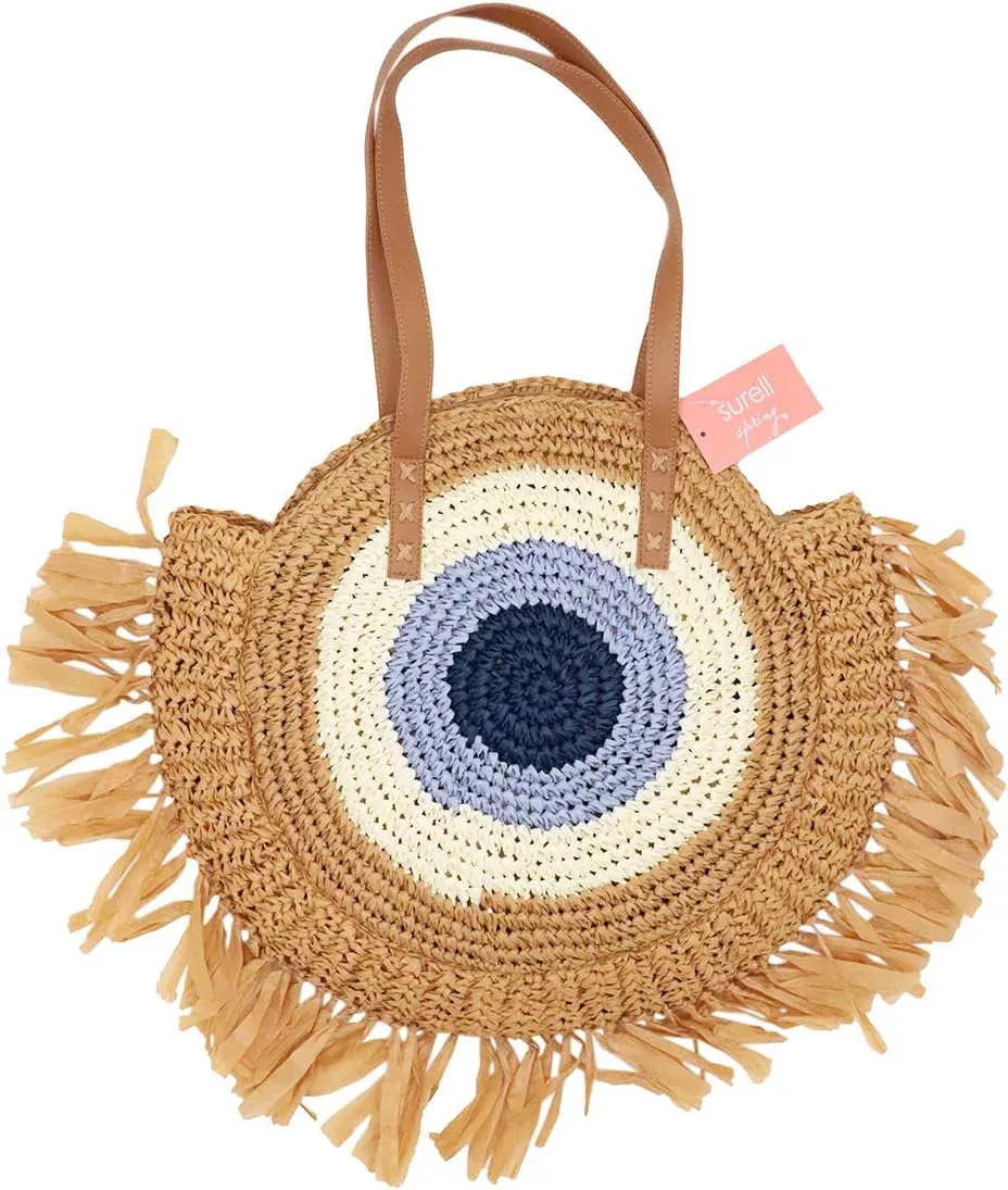 surell Summer Straw Tote Bag with Eye - Natural Handwoven Beach Vacation Handbag with Fringe - Lightweight Gift for Women