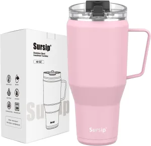 Sursip 40oz Insulated Tumbler with Stainless Steel Handle and 2 in 1 Straw Lid,Stainless Steel Double Wall Travel Mug-Leak Proof Iced Coffee Cup-Hot for 8H or Iced for 24H-Sweat Proof,BPA Free-Pink