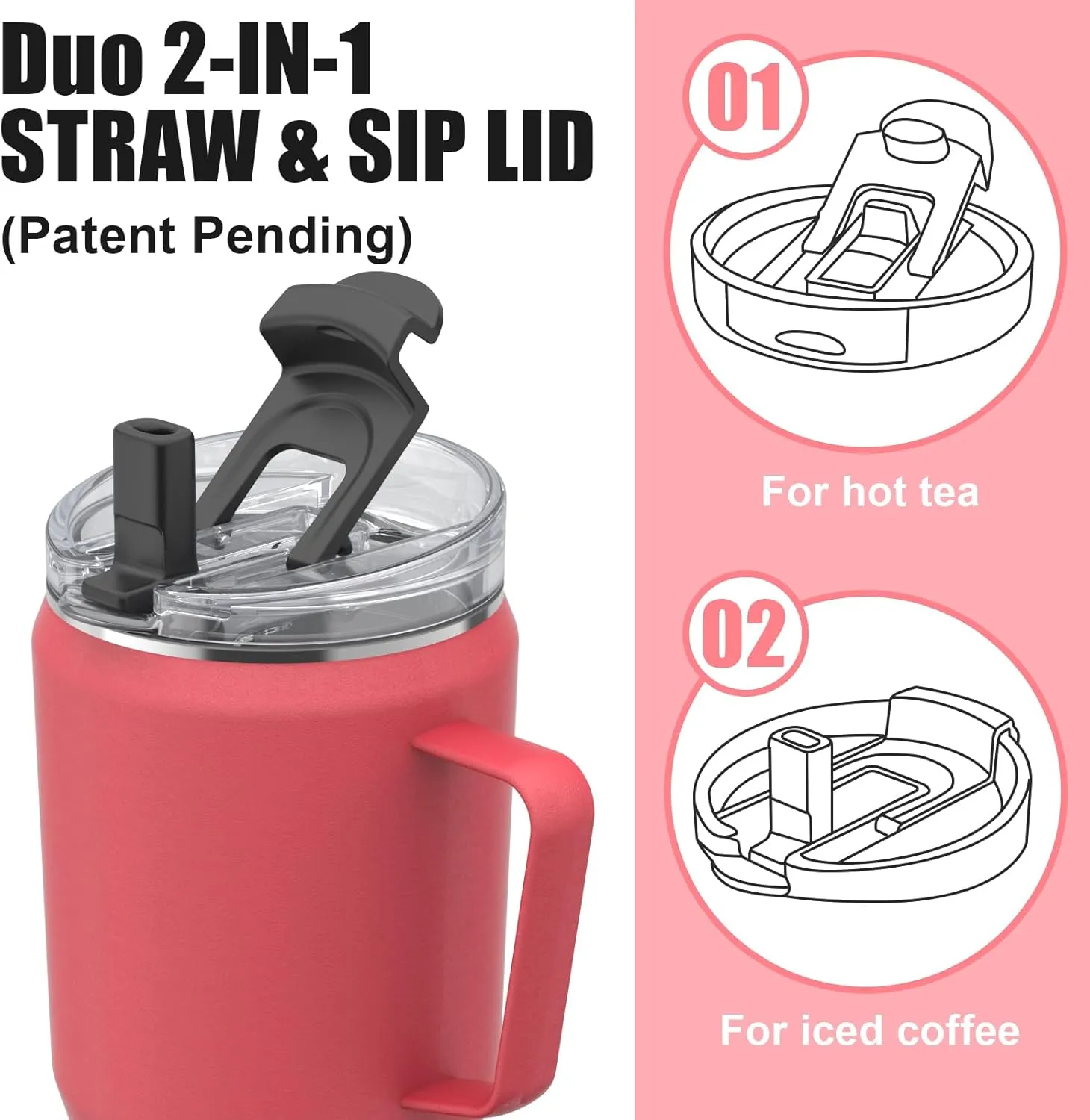 Sursip 40oz Insulated Tumbler with Stainless Steel Handle and 2 in 1 Straw Lid,Stainless Steel Double Wall Travel Mug-Leak Proof Iced Coffee Cup-Hot for 8H or Iced for 24H-Sweat Proof,BPA Free-Pink