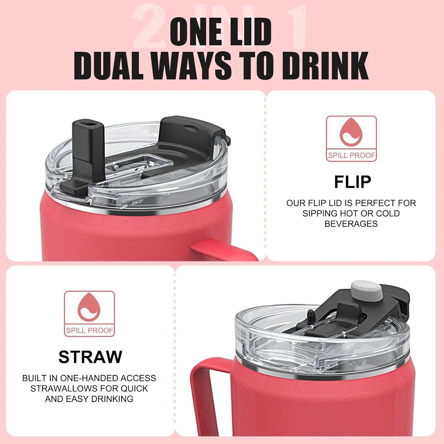 Sursip 40oz Insulated Tumbler with Stainless Steel Handle and 2 in 1 Straw Lid,Stainless Steel Double Wall Travel Mug-Leak Proof Iced Coffee Cup-Hot for 8H or Iced for 24H-Sweat Proof,BPA Free-Pink