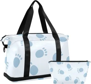 susiyo Travel Duffel Bags for Women, Blue Cute Footprints Sports Duffel Bags Gym Bags with Shoes Compartment, Tote Bag Weekender Bag for Travelling