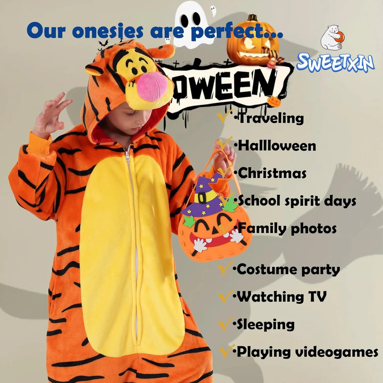 SWEETXIN Kids Unisex Onesie Pajamas Plush One Piece Halloween Costume Cosplay Sleepwear for Girls Boys