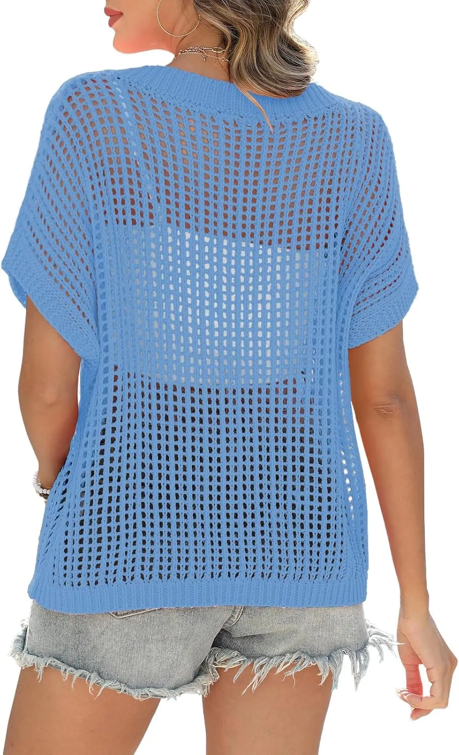 Swimsuit Coverup for Women Beach Vacation Clothes Spring Summer Scoop Neck Short Sleeve Sweaters Casual Crochet Knit Tops