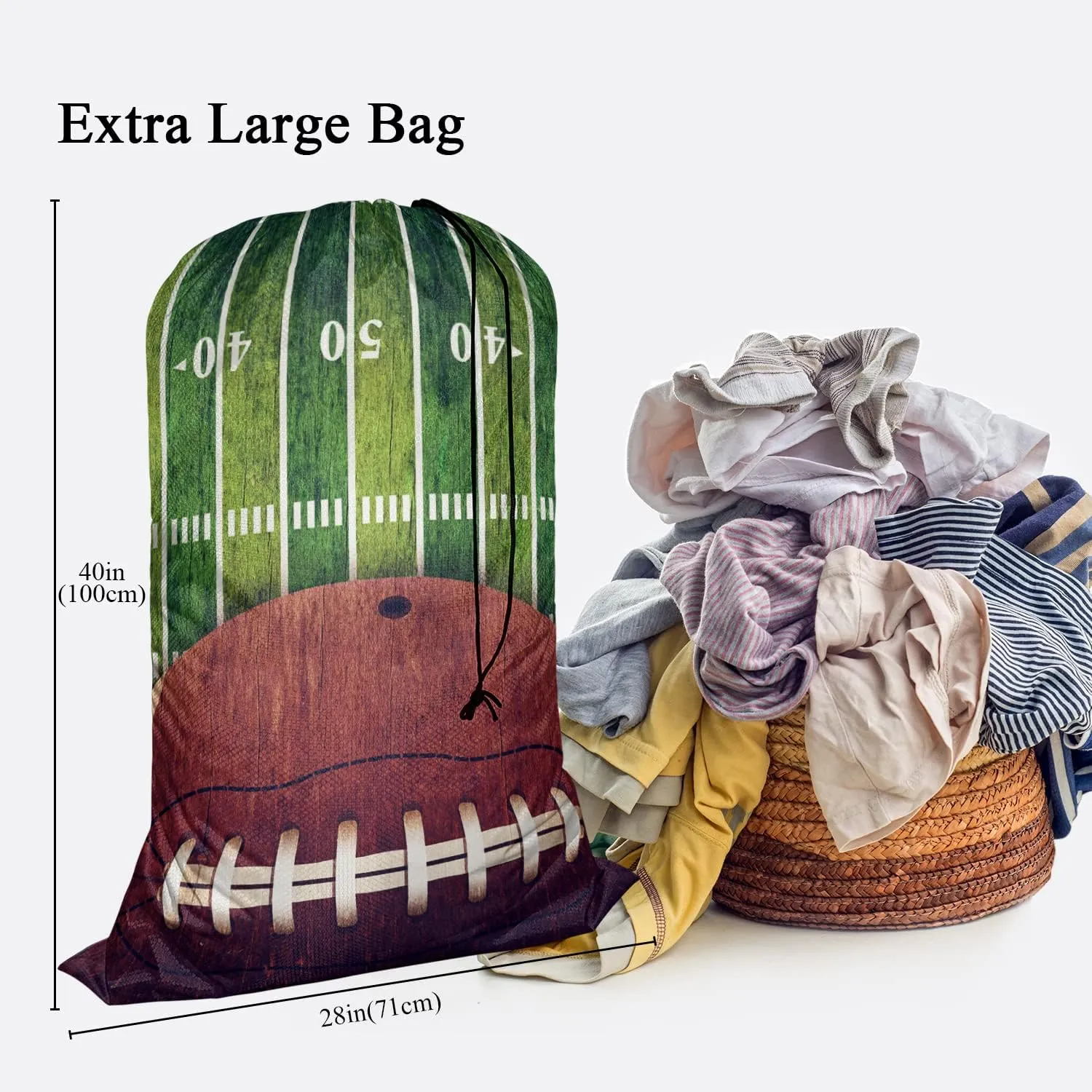 Swono Extra Heavy Duty Laundry Bag, Grunge American Football Field Retro Rugby X-Large Dirty Clothes Drawstring Bag with Tear Resistant Fabric, Washable Laundry Liner for Hamper, Ideal for Camp Travel