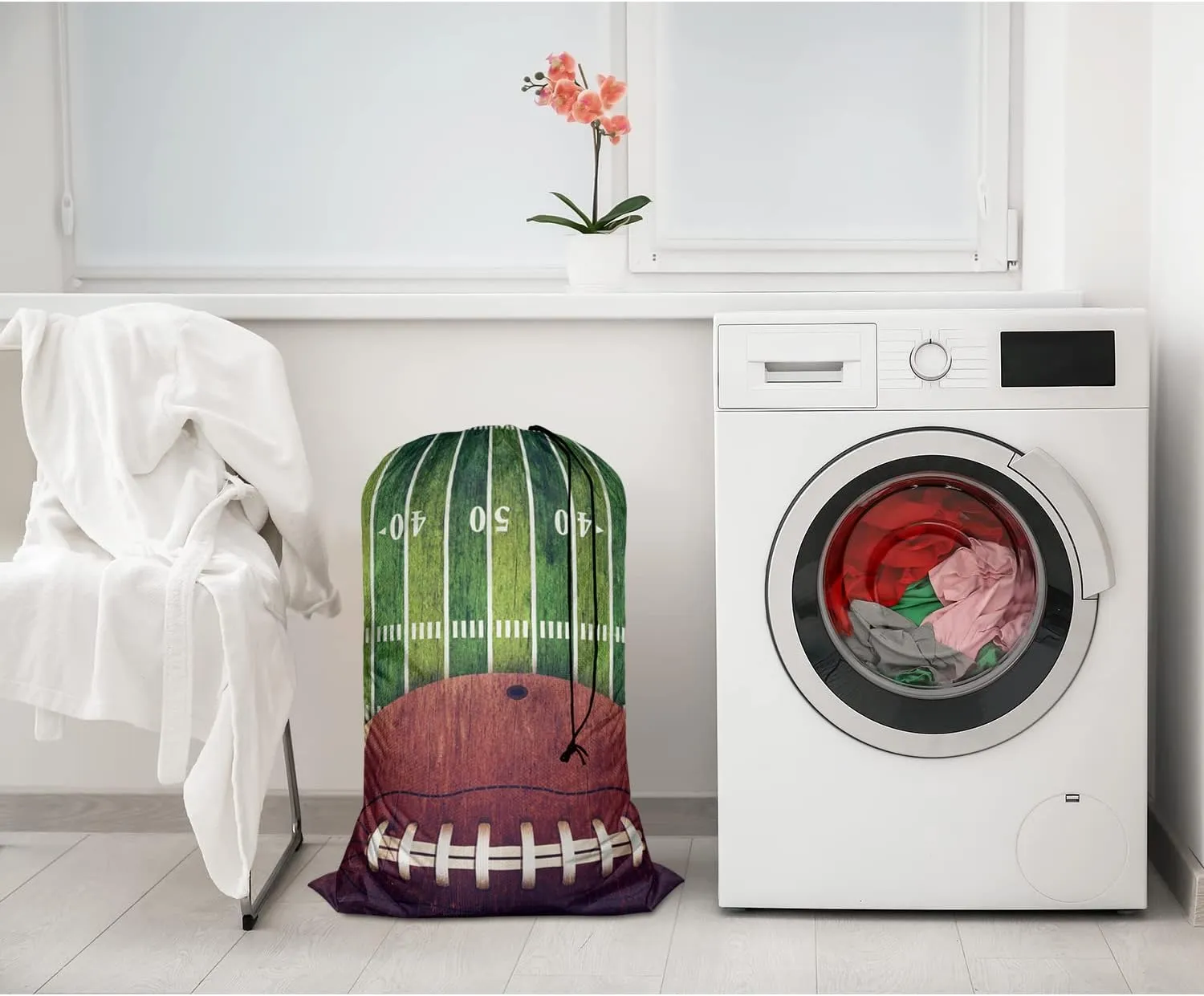 Swono Extra Heavy Duty Laundry Bag, Grunge American Football Field Retro Rugby X-Large Dirty Clothes Drawstring Bag with Tear Resistant Fabric, Washable Laundry Liner for Hamper, Ideal for Camp Travel