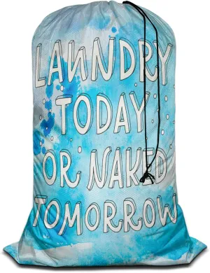Swono Funny Quotes Drawstring Portable Large Capacity Laundry Bags Words Laundry Today Or Naked Tomorrow Travel Storage Bags for, Apartments, Home, Blue Watercolor