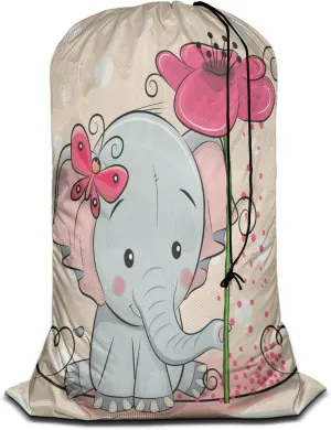 Swono Lovely Elephant Laundry Bag Dirty Clothes Organizer Cute Baby Elephant Wearing Bow Animal Cartoon Flower Extra Large Heavy Duty for Camp Home Dorm Room Essentials for Men Women
