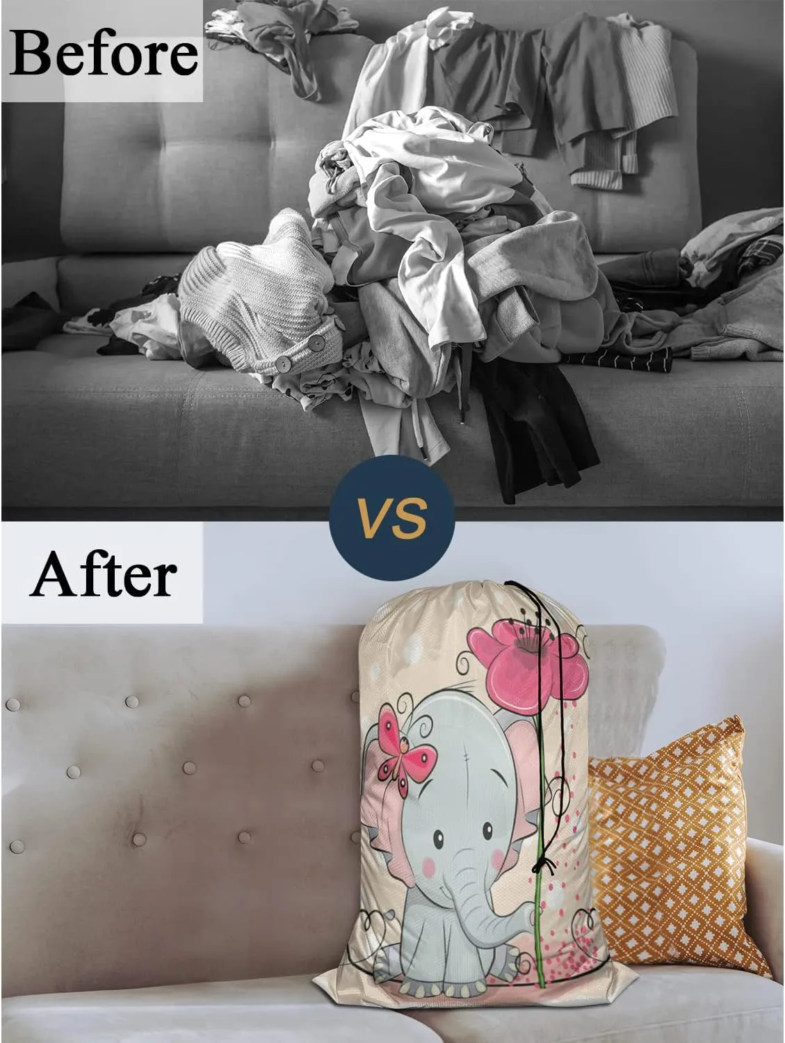 Swono Lovely Elephant Laundry Bag Dirty Clothes Organizer Cute Baby Elephant Wearing Bow Animal Cartoon Flower Extra Large Heavy Duty for Camp Home Dorm Room Essentials for Men Women
