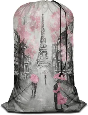 Swono Paris Heavy Duty Laundry Drawstring Bag with Strap, European City Landscape Eiffel Tower 28 x 40 Inches Travel Dirty Clothes Bag for Laundromat and Household, Oil Painting