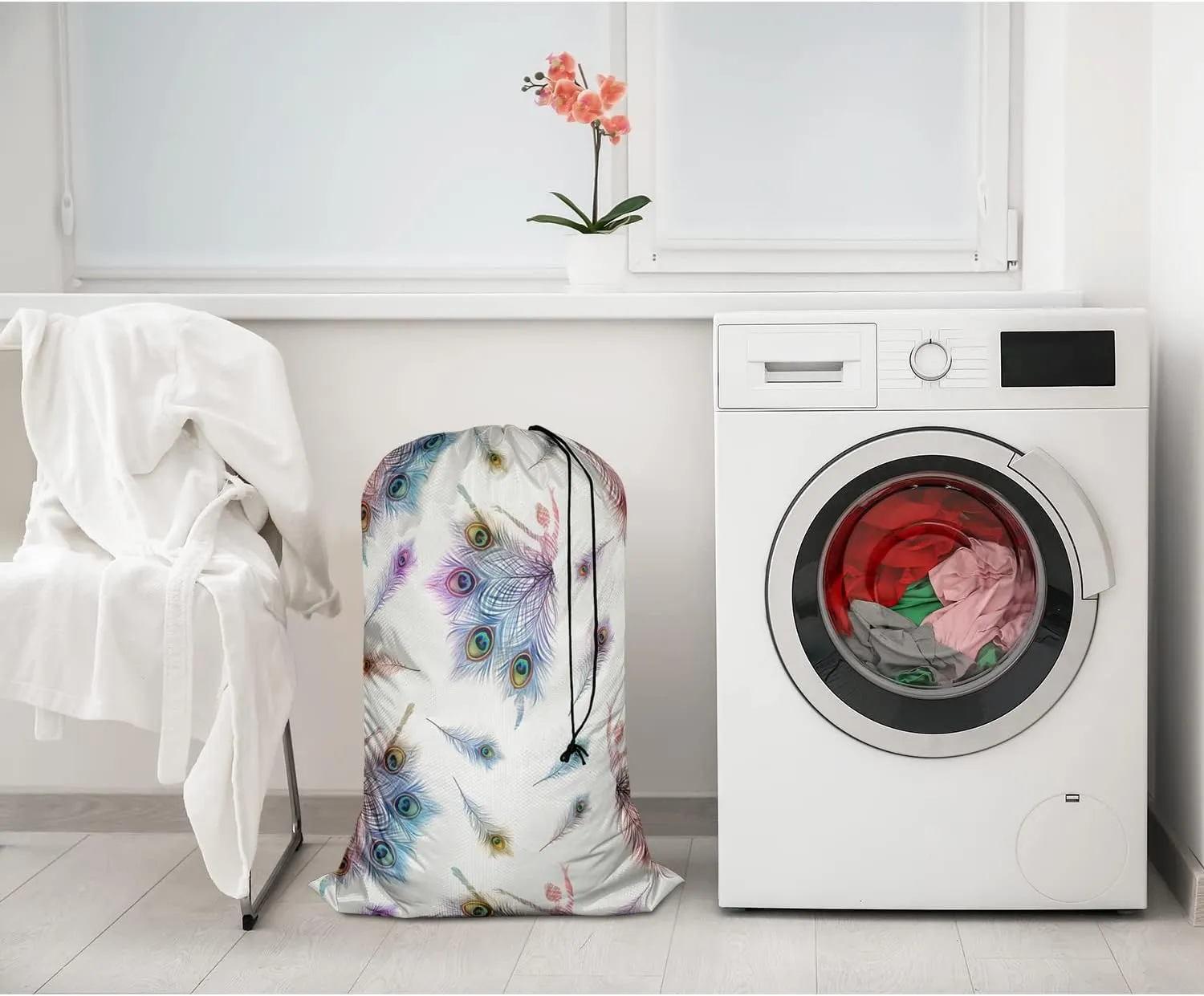 Swono Travel Laundry Bag, Dancing Ballerinas Peacock Feathers Romantic Dancer Machine Washable Dirty Clothes Organizer, Large Enough to Hold 4 Loads of Laundry, Easy Fit a Laundry Hamper Basket