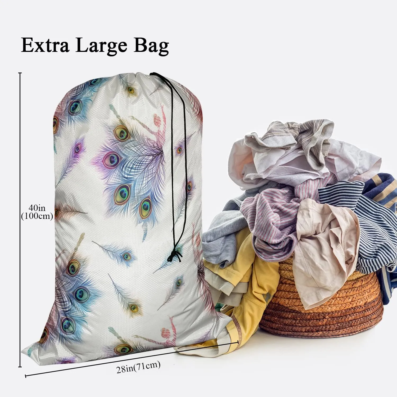 Swono Travel Laundry Bag, Dancing Ballerinas Peacock Feathers Romantic Dancer Machine Washable Dirty Clothes Organizer, Large Enough to Hold 4 Loads of Laundry, Easy Fit a Laundry Hamper Basket