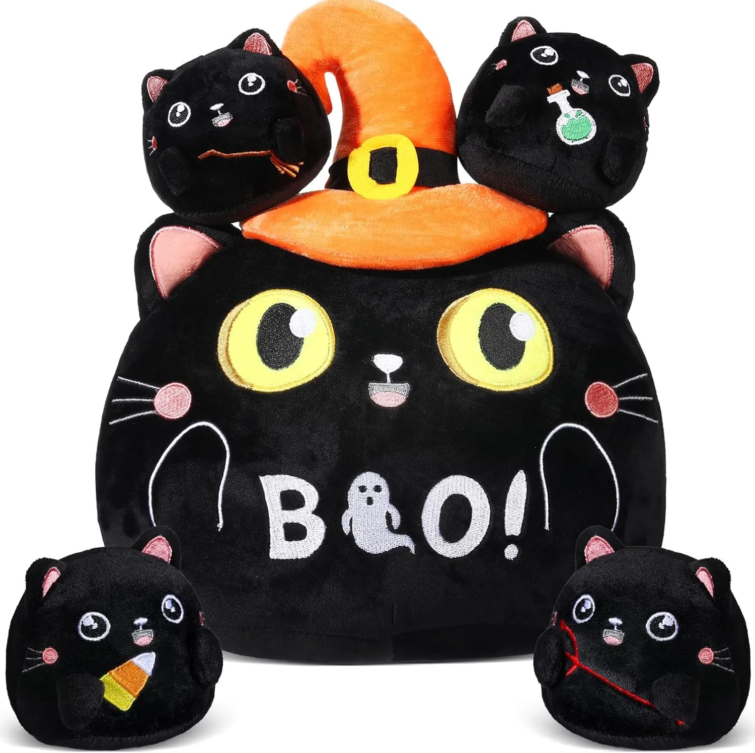 Syhood 5 Pcs Black Cat Witch Halloween Black Cat Plush Witch Hat Stuffed Animal Toy Holiday Plush Doll Collectible Soft Cuddly Kitty Cute Cat Decor for Kids Girls Boys Gifts Party Favor