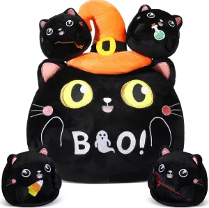 Syhood 5 Pcs Black Cat Witch Halloween Black Cat Plush Witch Hat Stuffed Animal Toy Holiday Plush Doll Collectible Soft Cuddly Kitty Cute Cat Decor for Kids Girls Boys Gifts Party Favor